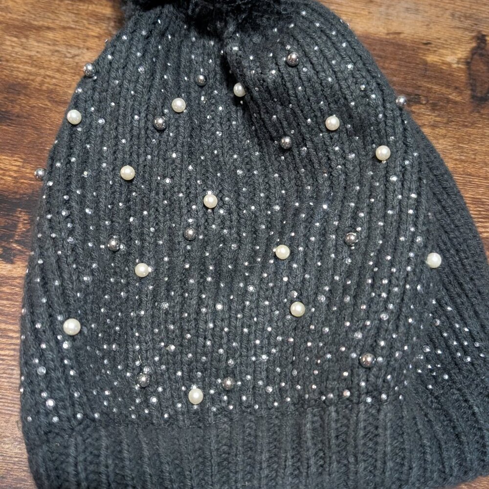 gray beaded puff ball top beanie